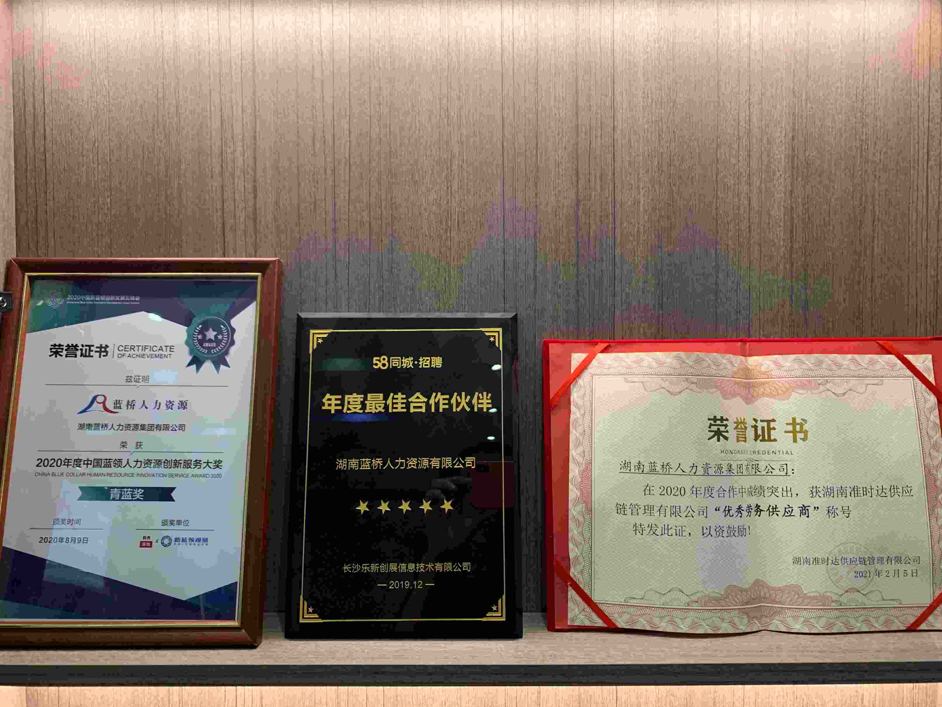 蓝桥人力资源集团企业荣誉证书